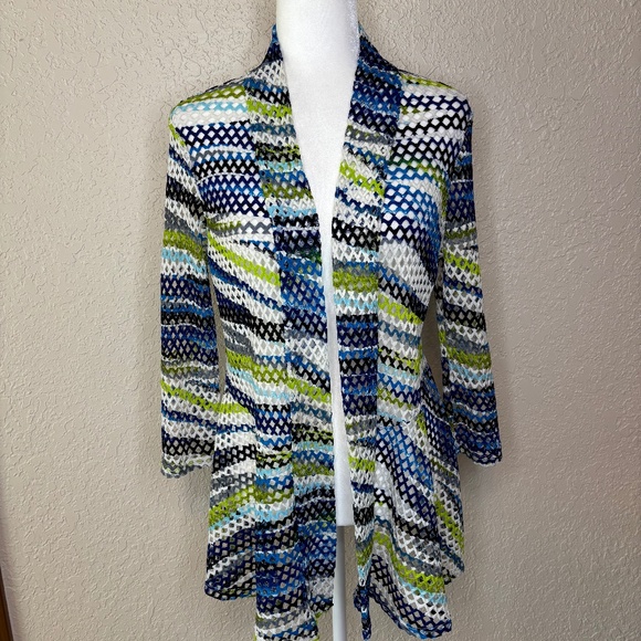 Frank Lyman Design Blue Green Crochet Open Front Cardigan Jacket Women's Size 12 - Picture 1 of 11